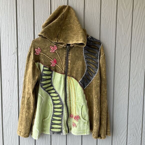Rising Int’l Boho Hoodie M Green Floral Appliqué Cutout Zip Jacket - Picture 1 of 6